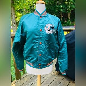 Vtg 80-90 Chalk Line Miami Dolphins Green Satin Bomber Jacket Large Helmet Patch